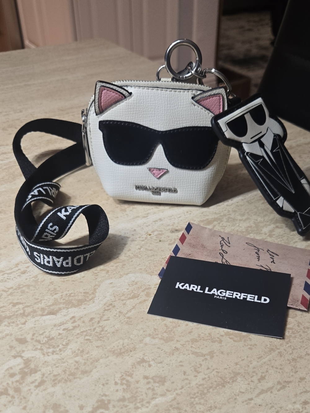 Karl Lagerfeld White Cat Face Key & Purse Pouch with Black Sunglasses